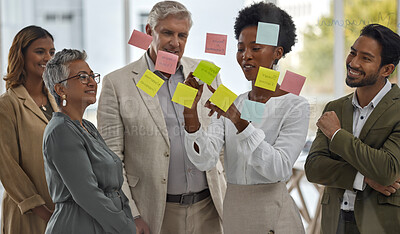 Buy stock photo Meeting, presentation and glass with a black woman leading a presentation in a boardroom for company strategy. Teamwork, planning and sticky notes in an office with a female employee talking to staff
