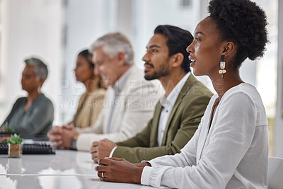 Buy stock photo Diversity, corporate and black woman in a meeting or business conference for company development or growth. Listening, workshop and group or row of employees in training presentation for teamwork