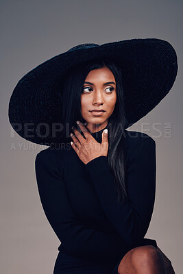 Buy stock photo Fashion, beauty and woman in vintage hat and person thinking about event or designer clothing on show in studio background. Indian model, retro style and idea for luxury clothes or accessories