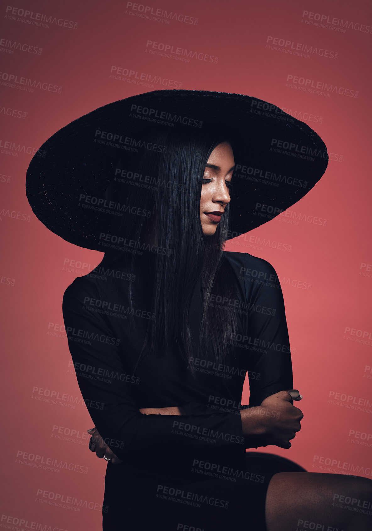 Buy stock photo Beauty, fashion and woman in vintage hat and studio makeup, cosmetics and confidence in creative, luxury or designer clothing. Indian model, retro style and elegant accessories for stylish event