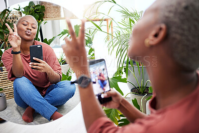 Buy stock photo Peace hands, selfie and black woman with mirror in a living room for photo, fun or text. Smartphone, hand sign and female social media influencer pose for profile picture, blog or vlog update at home
