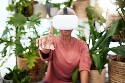 Buy stock photo Woman, virtual reality and headset with a finger  at home for metaverse, 3d world or future. Female person with plants and vr glasses for ecology, ai or hand for interaction, video game or experience
