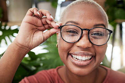 Buy stock photo Face, happy and black woman in glasses and vision, eye care and optometry with frame and prescription lens. Eyesight, health and ophthalmology, female person in portrait with cosmetic spectacles 