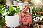 Greenhouse, eco friendly and portrait of woman with a plant for a sustainable or botanical gift. Happy, smile and African female person with green leaves in pot in the nursery for gardening at home.