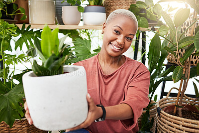 Buy stock photo Greenhouse, eco friendly and portrait of woman with a plant for a sustainable or botanical gift. Happy, smile and African female person with green leaves in pot in the nursery for gardening at home.