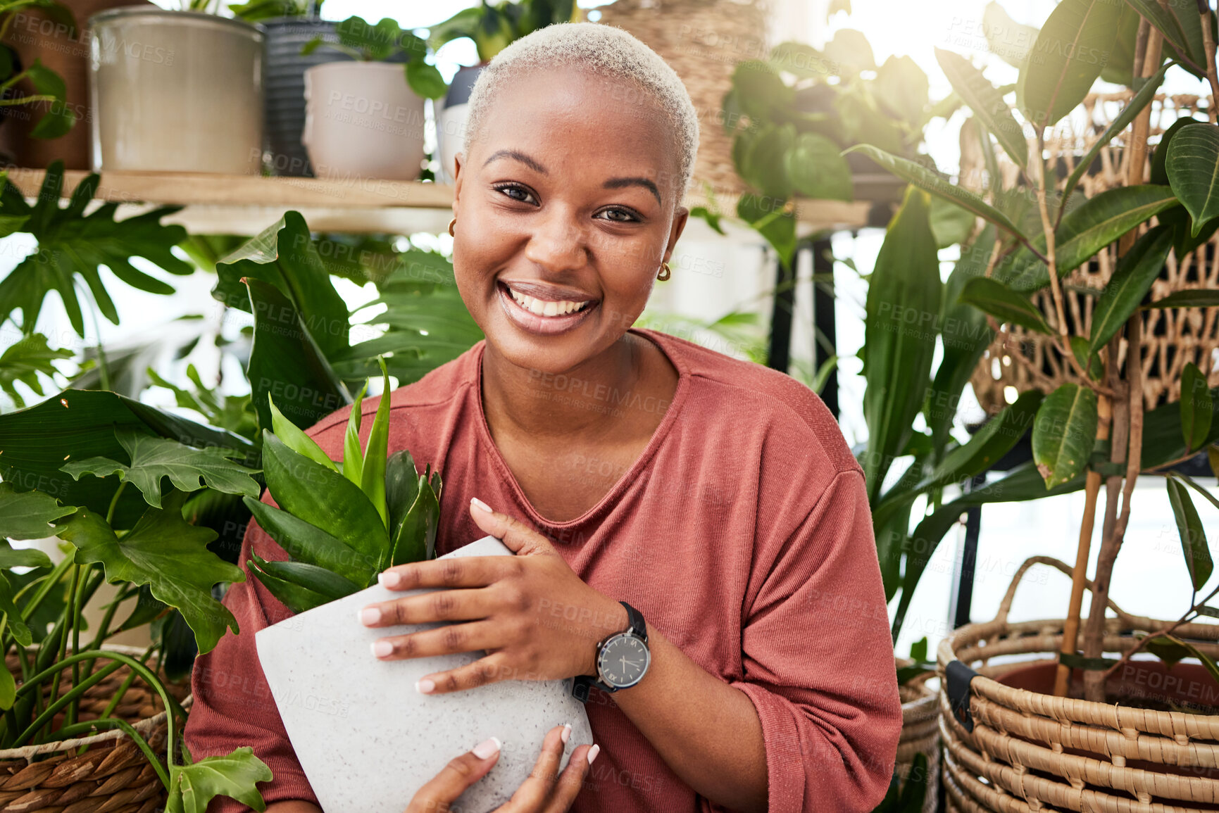 Buy stock photo Happy, eco friendly and portrait of a woman with a plant in the nursery for a sustainable gift. Happiness, smile and African female person with green leaves in pot in greenhouse for gardening at home