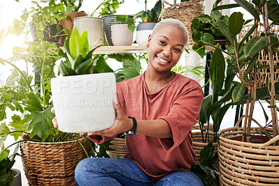 Buy stock photo Greenhouse, smile and portrait of a woman with a plant in an indoor garden for eco friendly gift. Happy, calm and African female person with green leaves in pot in the nursery for gardening at home.
