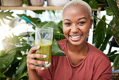 Buy stock photo Health, diet and smile with black woman and smoothie for detox, breakfast and protein. Nutrition, food and weight loss with face of person and drink for green juice, vitamins and supplement