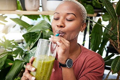 Buy stock photo Health, diet and drink with black woman and smoothie for detox, breakfast and protein. Nutrition, food and weight loss with face of person and glass for green juice, vitamins and supplement