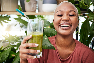 Buy stock photo Health, diet and happy with black woman and smoothie for detox, breakfast and protein. Nutrition, food and weight loss with face of person and drink for green juice, vitamins and supplement
