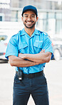 Portrait, security guard or safety officer man on the street for protection, patrol or watch. Law enforcement, happy and crime prevention worker or asian male in uniform in city with service smile