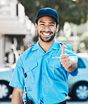 Security guard, thumbs up and safety officer man on the street for protection, patrol or watch. Law enforcement, happy and portrait of crime prevention male worker in uniform in city for good service