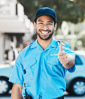 Buy stock photo Security guard, thumbs up and safety officer man on the street for protection, patrol or watch. Law enforcement, happy and portrait of crime prevention male worker in uniform in city for good service