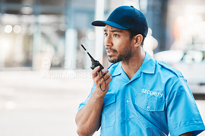 Buy stock photo Security guard, communication and officer use a walkie talkie or radio for an emergency or criminal investigation. Protection, safety and police talking in a law enforcement service office for crime