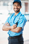 Security guard, happy man and portrait of safety officer on street for protection, patrol or watch. Law enforcement, smile and walkie talkie of crime prevention person in uniform outdoor in the city