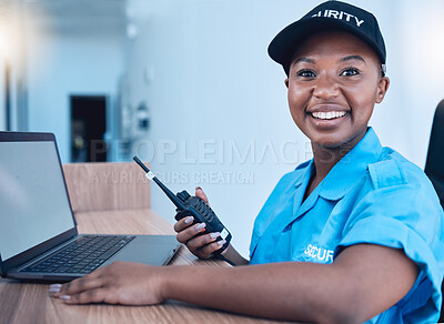 Buy stock photo Security guard, communication and officer with smile use walkie talkie or radio for an emergency or criminal. Protection, safety and black woman talking in a law enforcement service office for crime