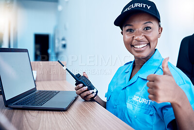 Buy stock photo Security guard, thumbs up and police use a walkie talkie or radio for an emergency or criminal investigation. Protection, safety and officer talking in a law enforcement service office for crime