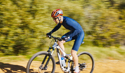 Buy stock photo Fitness, blur or man cycling on a bicycle for training, cardio workout and race exercise in nature. Speed motion, action or sports athlete riding a bike on path off road for freedom or challenge