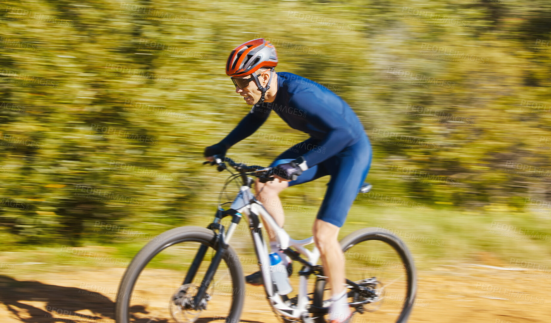 Buy stock photo Fitness, blur or man cycling on a bicycle for training, cardio workout and race exercise in nature. Speed motion, action or sports athlete riding a bike on path off road for freedom or challenge