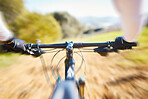 Fitness, cycling and person pov on bike in nature for extreme sports, race or training with motion blur. Bicycle, exercise and cyclist riding on dirt road with energy, adrenaline or speed challenge