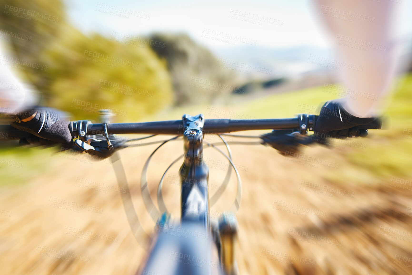 Buy stock photo Fitness, cycling and person pov on bike in nature for extreme sports, race or training with motion blur. Bicycle, exercise and cyclist riding on dirt road with energy, adrenaline or speed challenge