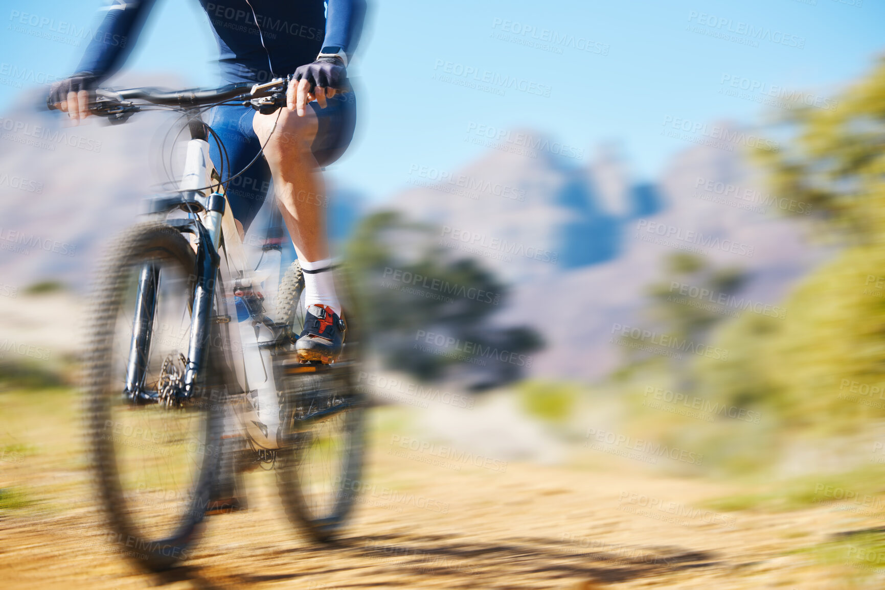 Buy stock photo Cycling, fitness and man on a bike in nature for extreme sports, race or training with motion blur. Bicycle, exercise and male cyclist riding on a dirt road with energy, adrenaline or speed challenge