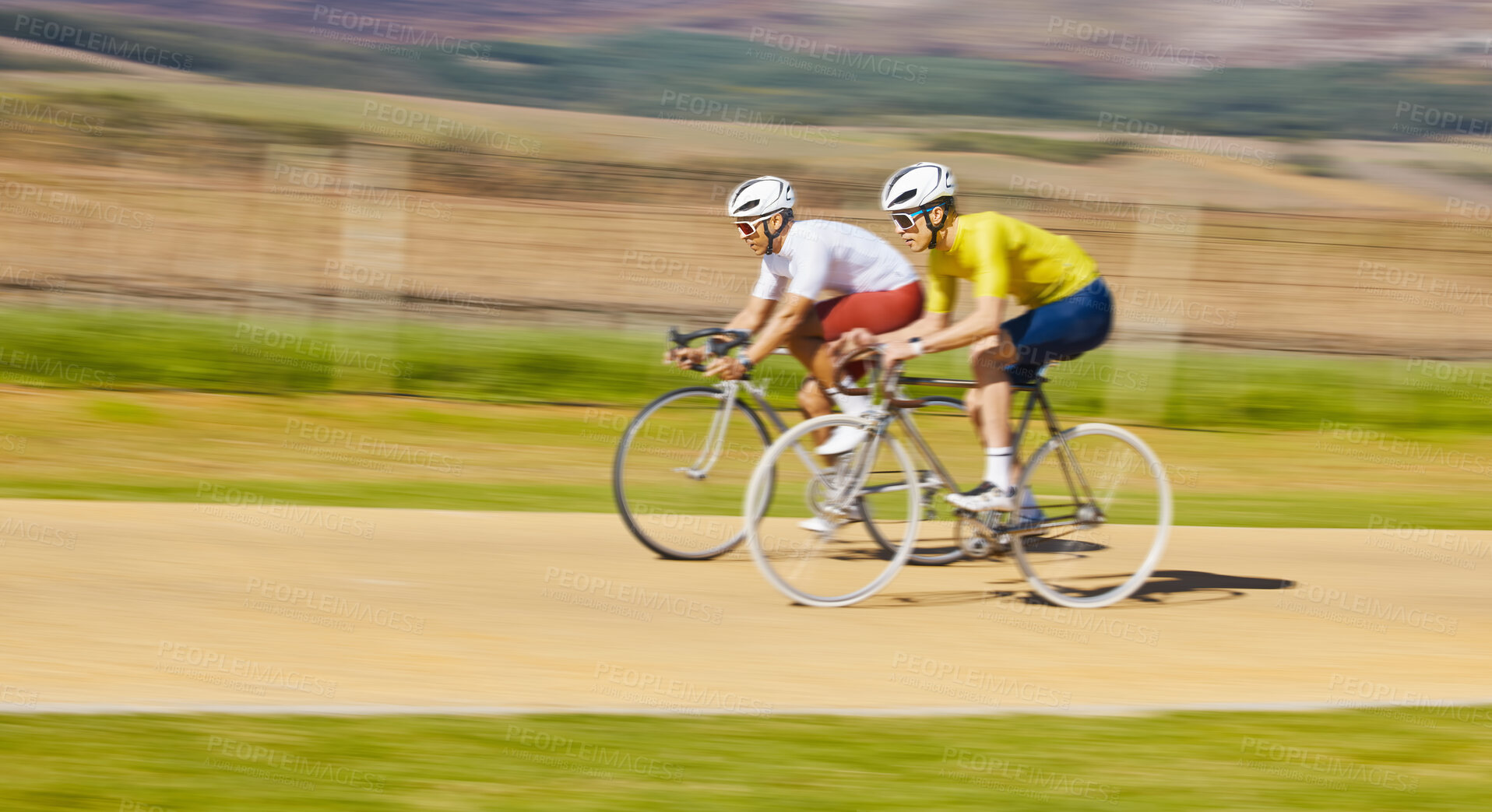 Buy stock photo Fitness, countryside or men cycling on a bicycle for training, cardio workout or race exercise together. Speed blur, healthy friends or sports athletes riding a bike off road or path for challenge 