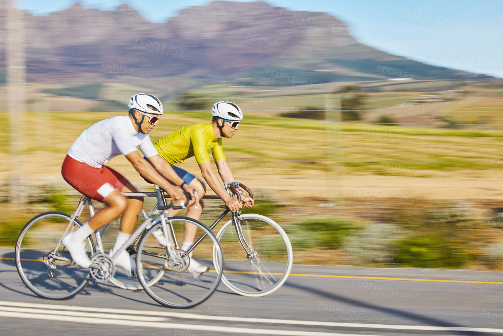 Buy stock photo Bicycle race, friends and road in motion blur, speed and sports for fitness, countryside and mountains. People, fast bike and men with cycling partnership, workout and training on journey in nature