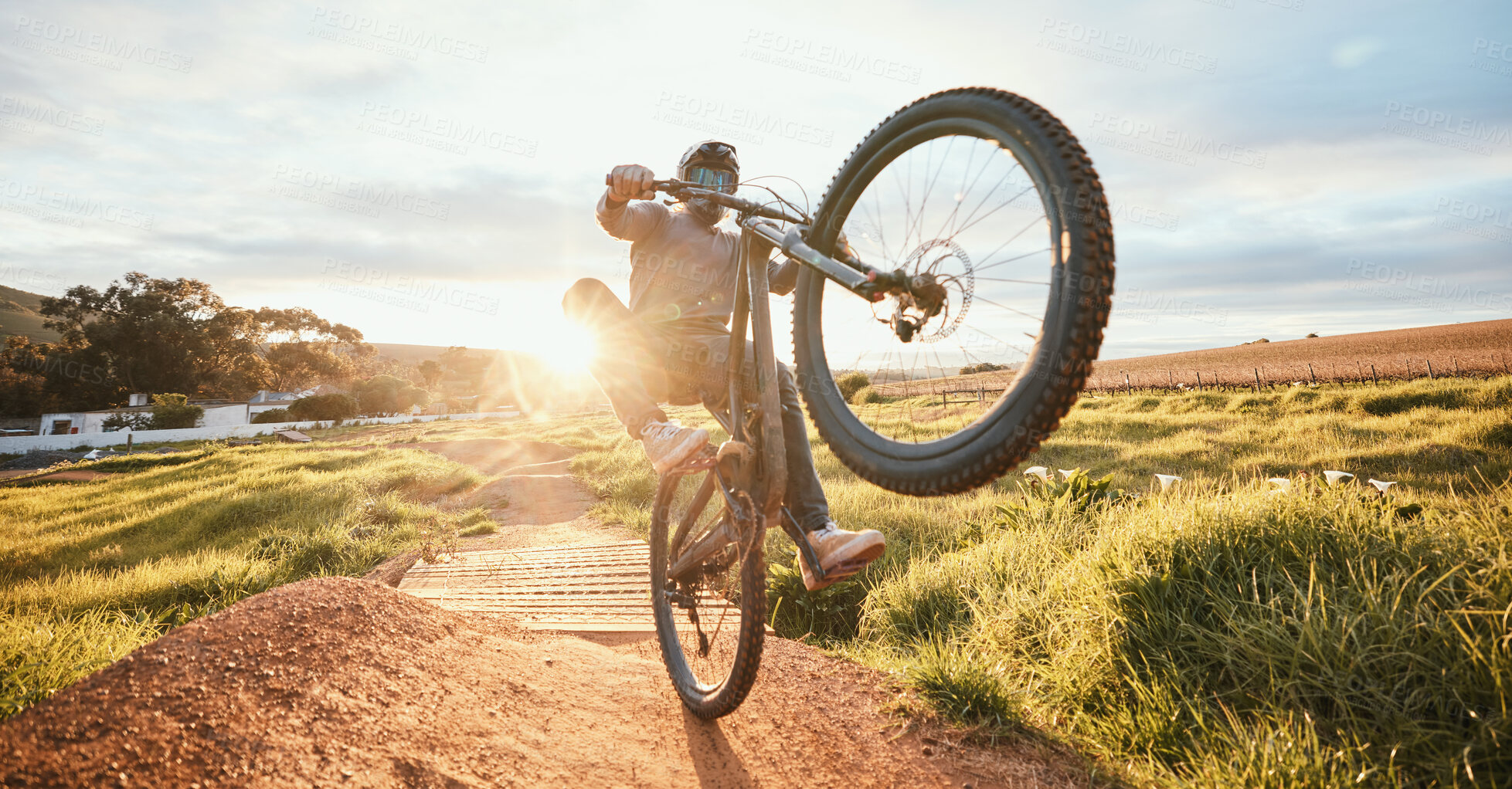Buy stock photo Sports, adrenaline and man of bicycle in nature for training, workout and exercise in countryside. Fitness, cycling and male person with mountain bike for adventure, freedom and speed on dirt road