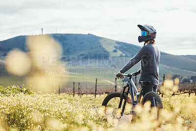 Buy stock photo Sports, mockup and man on mountain bike in nature for training, workout and exercise in countryside. Fitness, cycling and male person with bicycle for adventure, freedom and adrenaline on dirt road