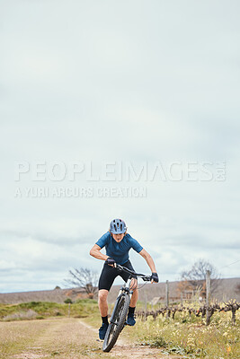 Buy stock photo Exercise, man and cycling for fitness, bike and training with wellness, helmet for safety and health. Male person, athlete or cyclist with action, race and adrenaline junkie with adventure and travel