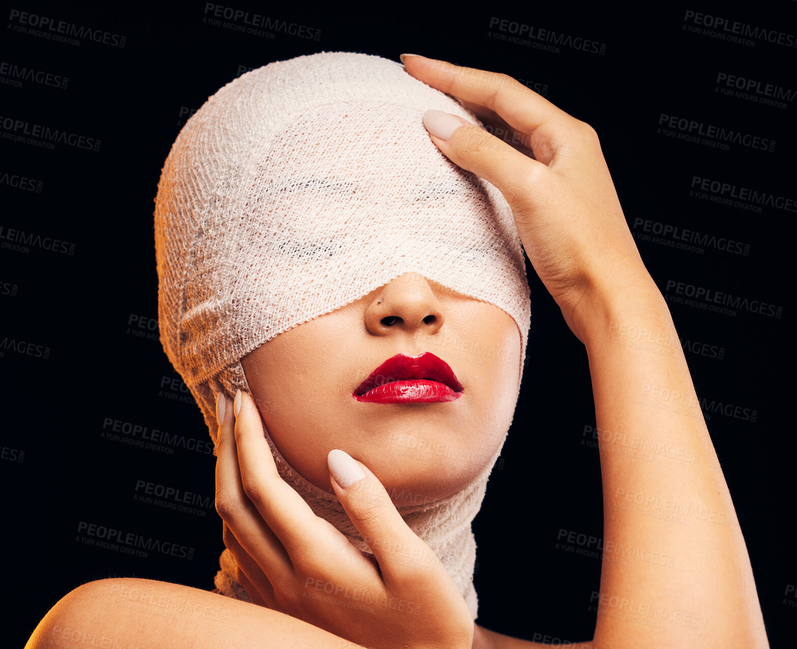 Buy stock photo Headscarf, fashion and a woman with makeup on a dark background for retro or vintage aesthetic. Beauty, stylish and a girl or model with fashionable or trendy style isolated on a studio backdrop