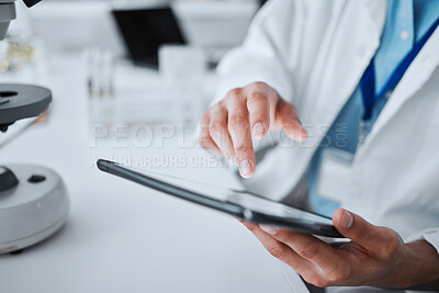 Buy stock photo Hospital, doctor and hands with tablet for research, medical innovation and working. Clinic, typing and chemistry analysis with professional and lab worker with tech for laboratory science and data