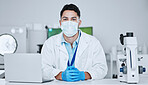 Science, virus and portrait of man in laboratory for research, pharmacy and medical. Test, healthcare and medicine with male scientist and study for wellness, expert and vaccine development