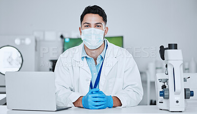 Buy stock photo Science, virus and portrait of man in laboratory for research, pharmacy and medical. Test, healthcare and medicine with male scientist and study for wellness, expert and vaccine development