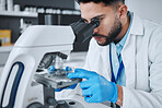 Microscope, science and pharmacy with man in laboratory for research, medical and vaccine. Chemistry, healthcare and medicine with scientist and study for solution, development and sample results