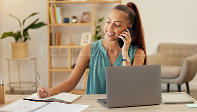 Buy stock photo Talking, planning and a woman on a phone call in an office for schedule, notes or information. Smile, speaking and a corporate employee or female receptionist with a notebook for an agenda or ideas