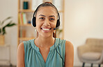 Portrait, telemarketing and woman with headphones, call center and ecommerce with a smile, customer service and consulting. Face, female person or consultant with headset, tech support and contact us