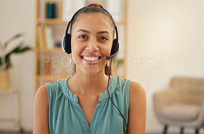 Buy stock photo Portrait, telemarketing and woman with headphones, call center and ecommerce with a smile, customer service and consulting. Face, female person or consultant with headset, tech support and contact us