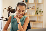Microphone, headphones and woman on podcast or live stream, media broadcast for web radio host. Streaming, influencer or content creator with mic, internet recording and networking in home office.