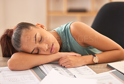 Buy stock photo Sleeping, documents and finance with a business woman exhausted in her office while working on an audit. Tired, paper and accounting with a female employee asleep at her desk at professional work