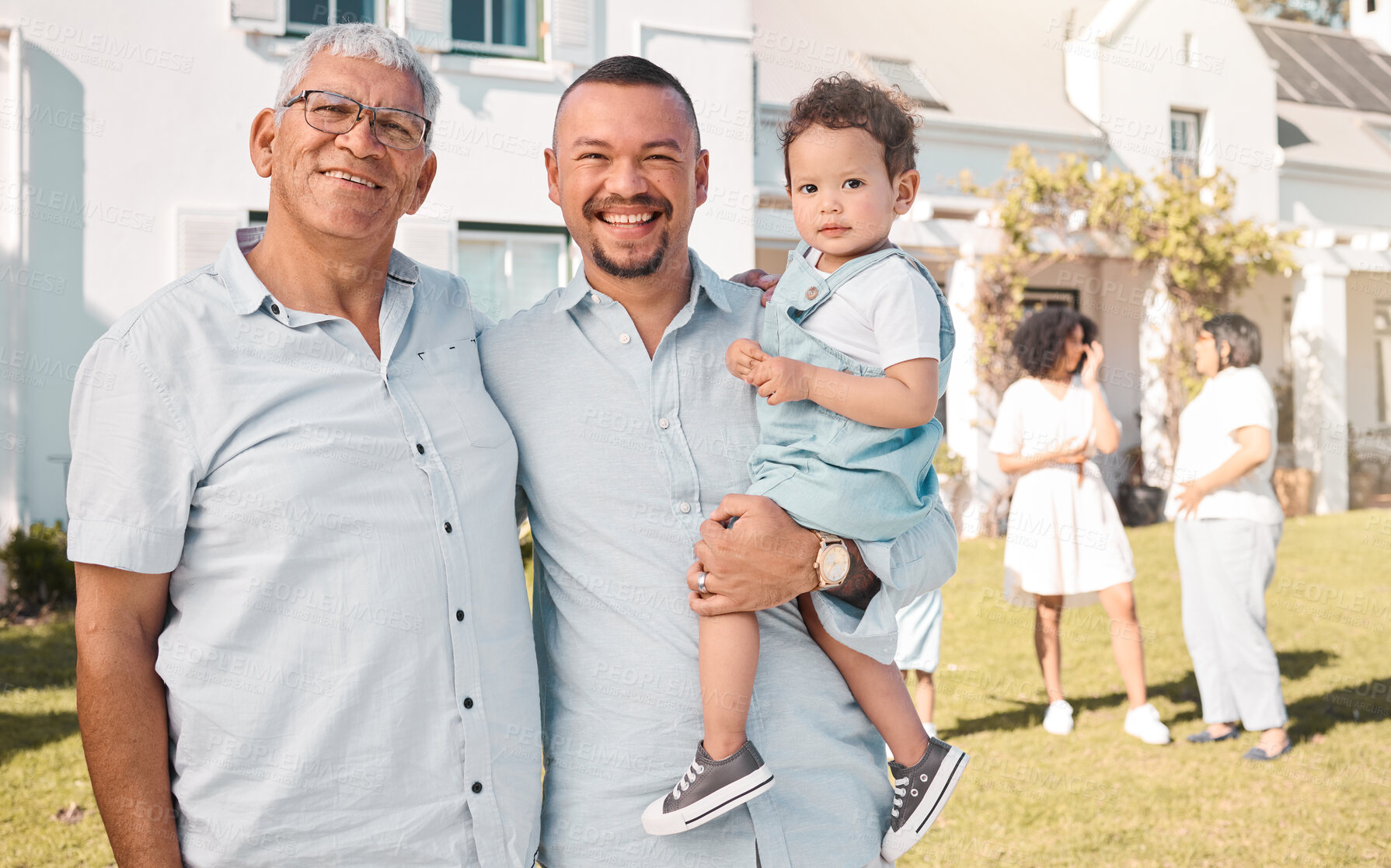 Buy stock photo Dad, grandfather or portrait of child in new home or real estate as a happy family with love or care. House, garden or senior grandparent with a happy man or young boy kid with a smile on a property