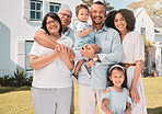 Happy, big family or portrait of children in new home, dream house or real estate with love, unity or care.Generations, siblings or senior grandparents with mom, dad or kids with a smile on property