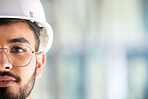 Architecture, space and portrait of man on construction site for engineering, design and building. Mockup, real estate and property with face of contractor for renovation, builder and maintenance