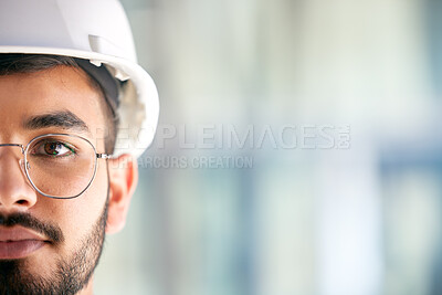 Buy stock photo Architecture, space and portrait of man on construction site for engineering, design and building. Mockup, real estate and property with face of contractor for renovation, builder and maintenance
