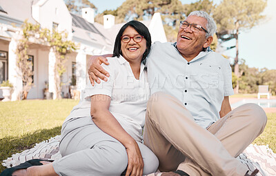 Buy stock photo Garden, retirement and portrait of senior couple at home excited for moving to house, property and rental. Love, real estate and happy man and woman on grass for investment, mortgage and homeowner