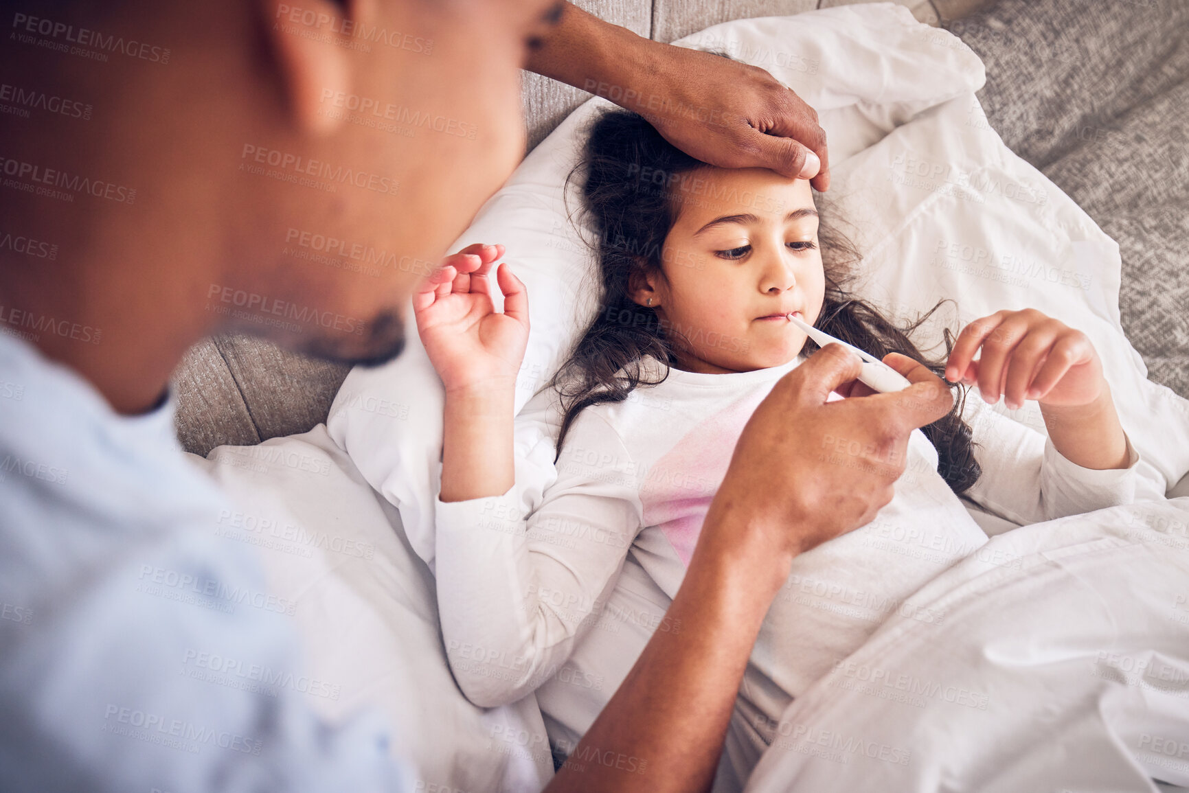 Buy stock photo Thermometer, nursing and a man with a sick child for a fever, temperature check or virus. Family, house and a dad with a medical tool and a girl kid in the bed with a health problem or headache