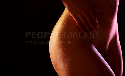 Buy stock photo Body, wellness and feminine with a nude woman on a dark background in studio for sexy skincare or beauty. Health, sensual and creative with a naked female model posing for natural or erotic art deco