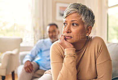 Buy stock photo Divorce, fight and mature woman is sad in living room with partner at home with depression or thinking. Conflict, wife and marriage with infidelity is upset on sofa with couple, cheating, frustrated.