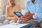 Paperwork hands, admin and a couple with a phone for finances, bills or home insurance. Document, closeup and a man and woman with a mobile for a banking app and report for budget or communication